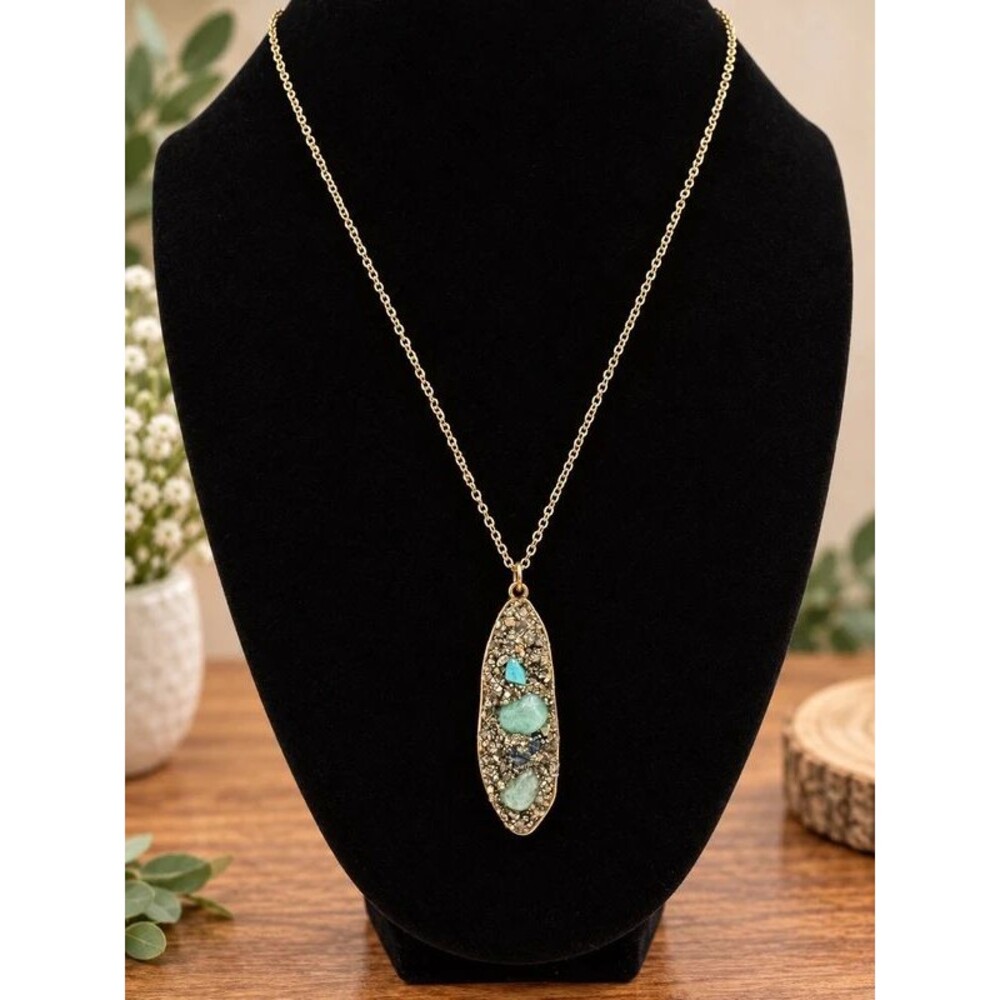 Antique Bronze Turquoise Stone Pendant Necklace